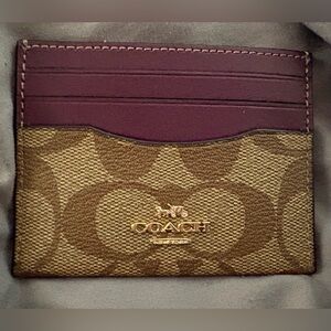 Coach Brown Signature Canvas Card Case with Plum Trim